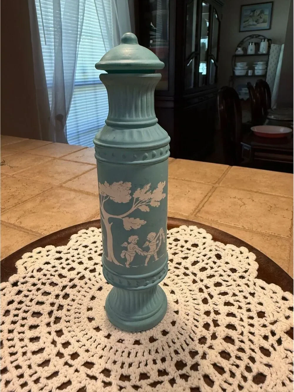 30. Vintage Avon Wedgwood Style Blue/Green Decanter Vase Bottle Cupid